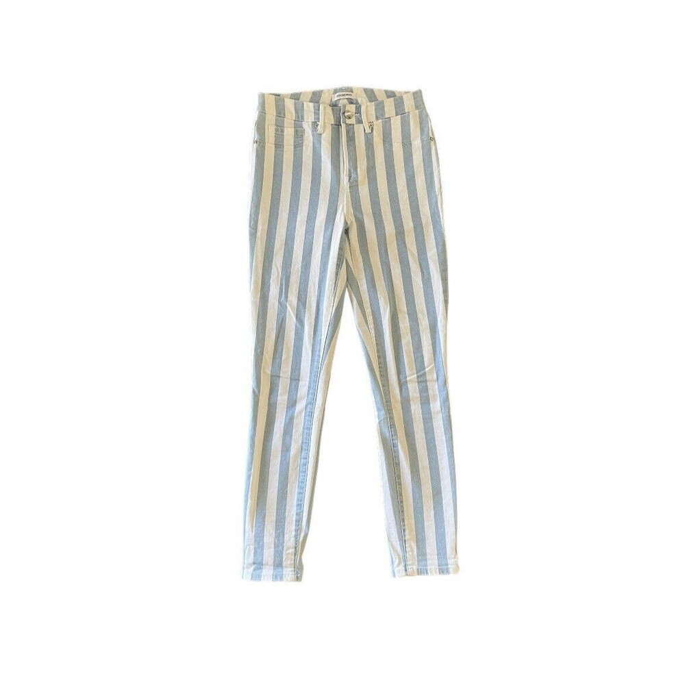 Good American Blue and White Striped Ankle Jeans